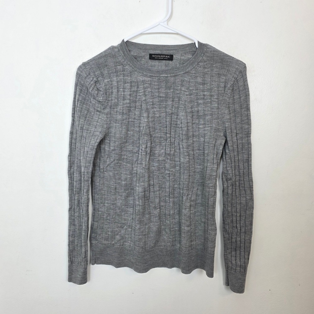 Banana Republic Womens Gray 100% Merino Wool Ribbed Crewneck Sweater Size M
